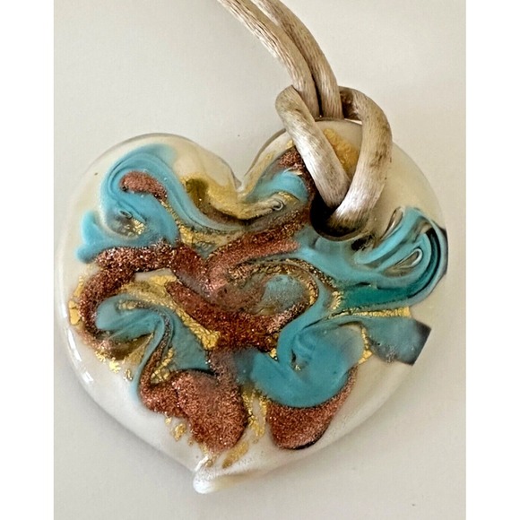 Murano Jewelry - Murano Heart Glass Venetiarum Pendant Necklace Rope Sterling Clasp Aqua Gold